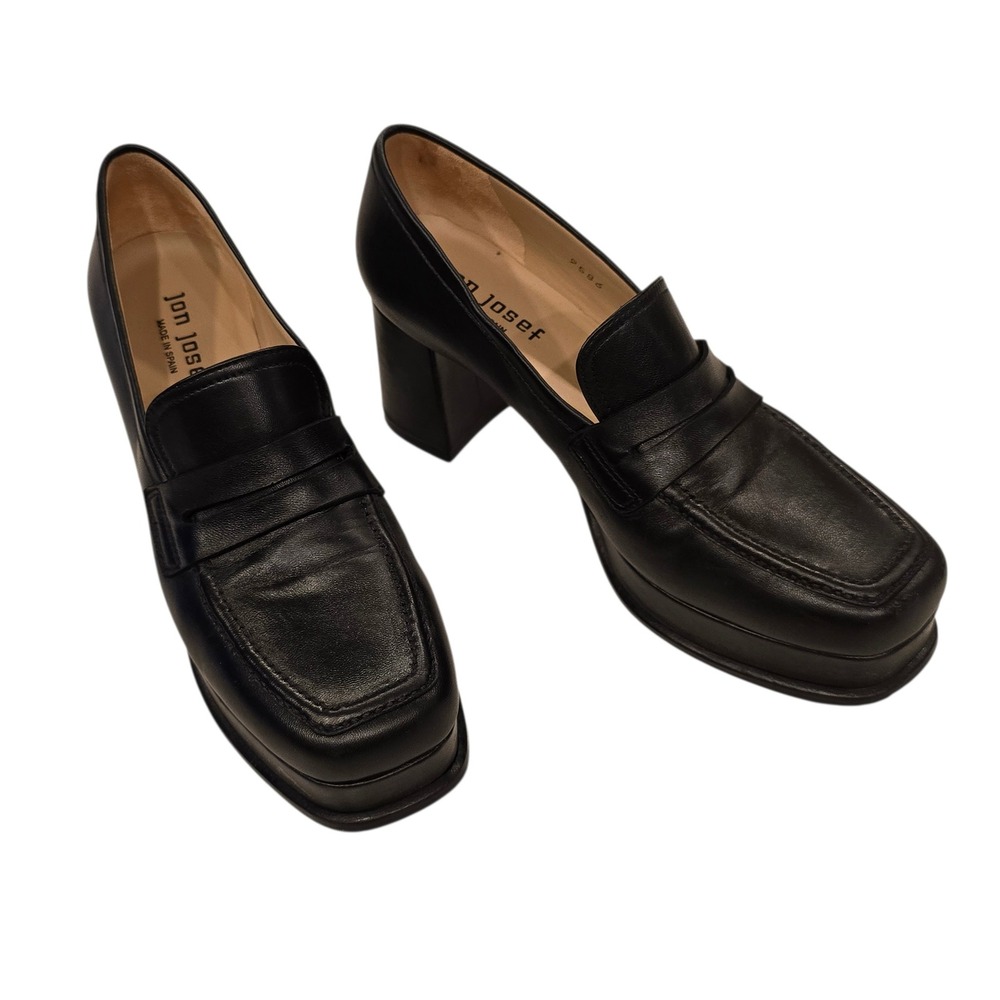 Jon Josef Black Leather Platform Loafer Pump 6.5 Spain Square Toe Quiet Luxury